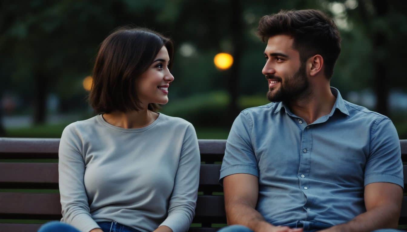 A woman and a man engaged in deep conversation on a park bench.