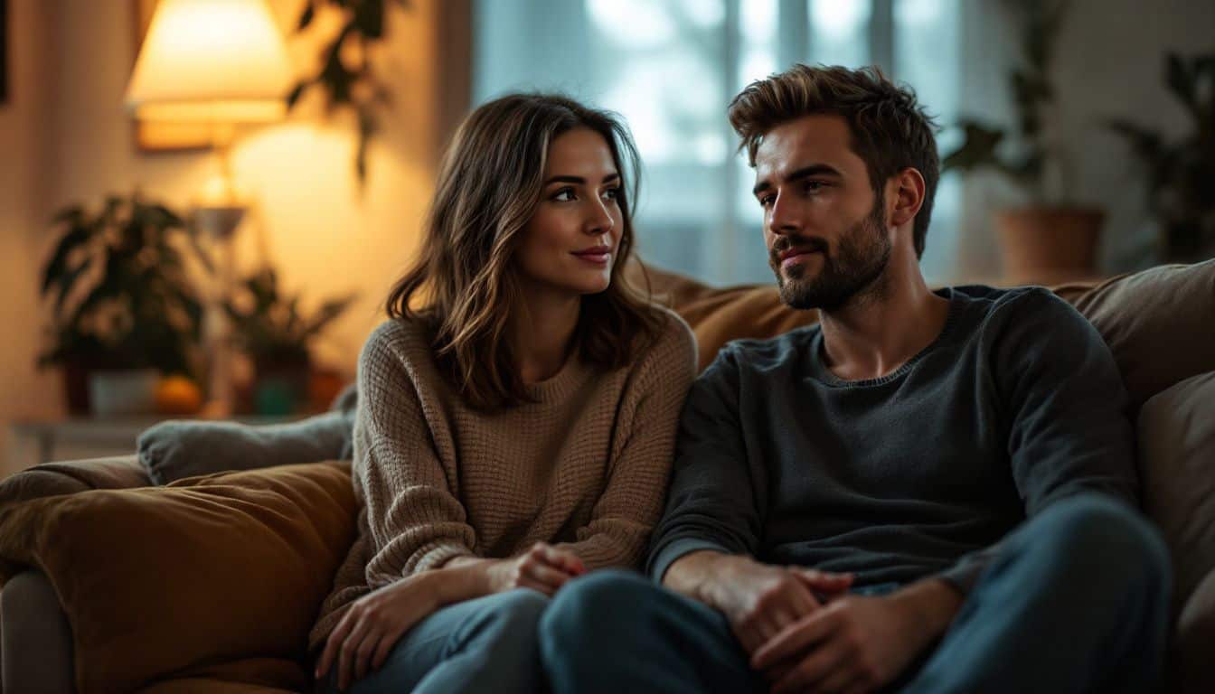 A couple sits with a therapist in a cozy therapy office.