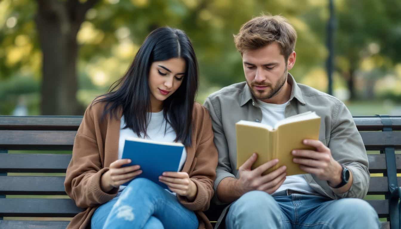 A couple sits on a park bench reading relationship self-help books and an apology letter.