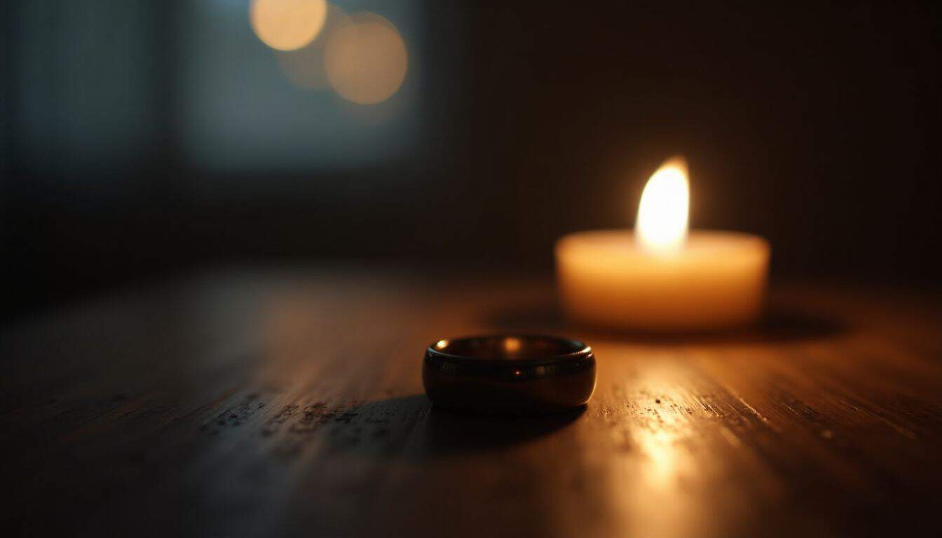 A wedding ring on a wooden table lit by a candle.