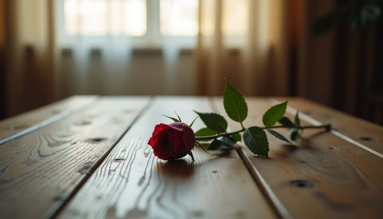 A wilted rose on a weathered wooden table captured in a casual setting.