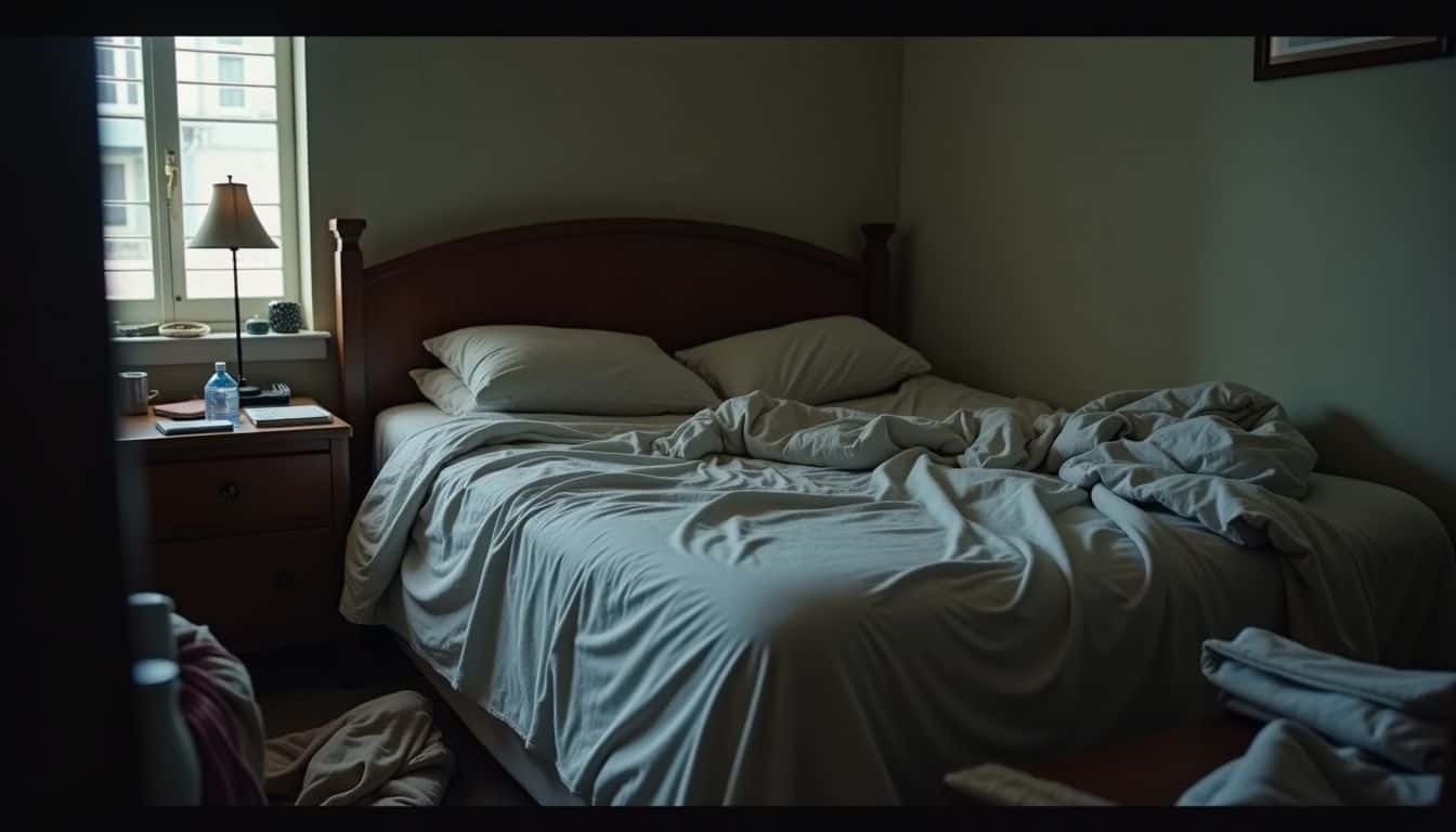 A cluttered and untidy bedroom with rumpled sheets and scattered items.