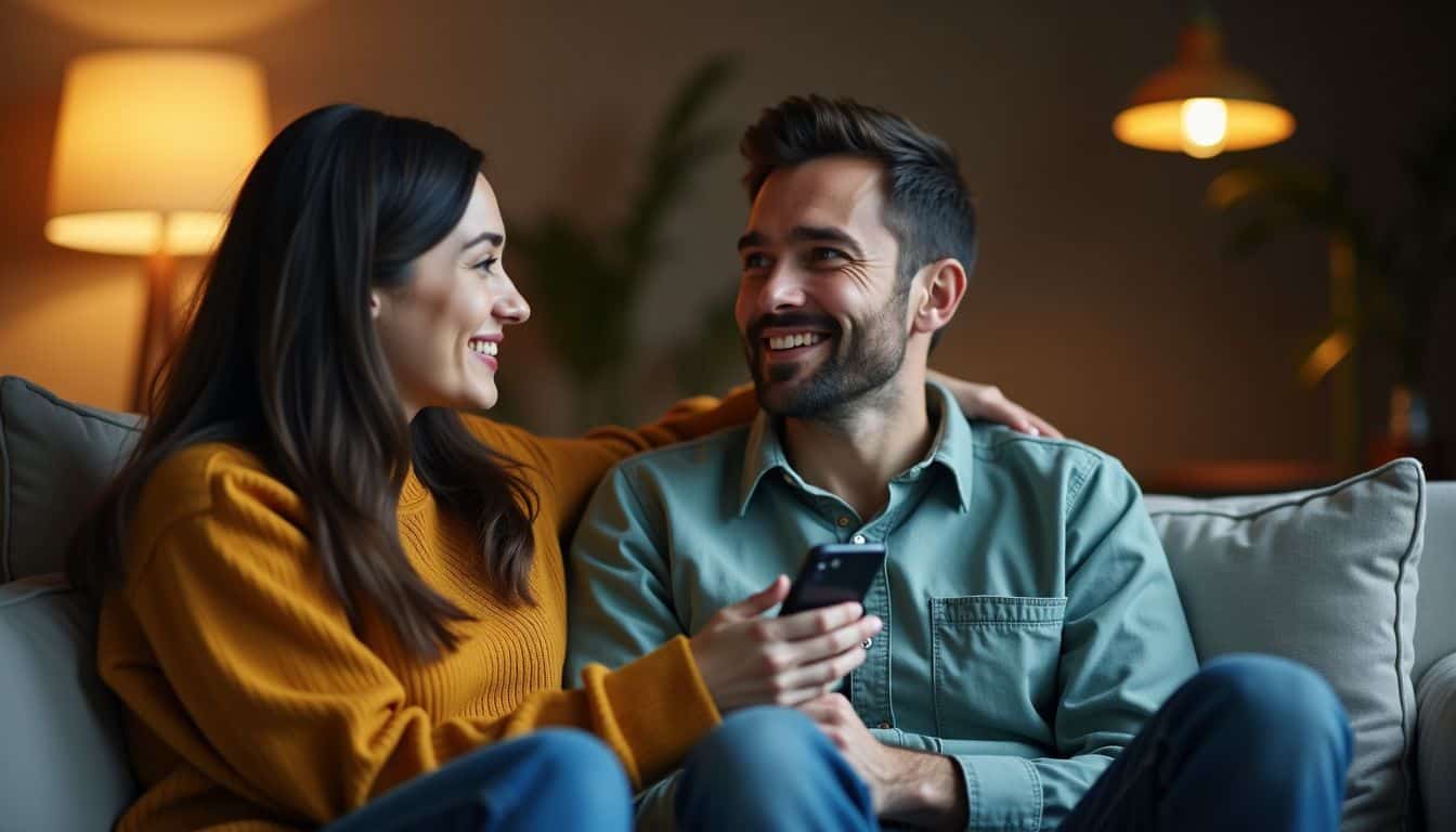 A couple in their 30s sits closely together on a couch.