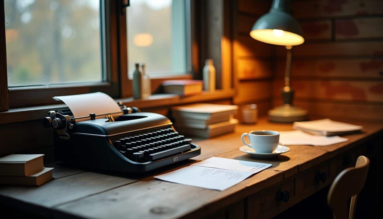 A vintage typewriter, coffee, and love letters on a wooden desk.