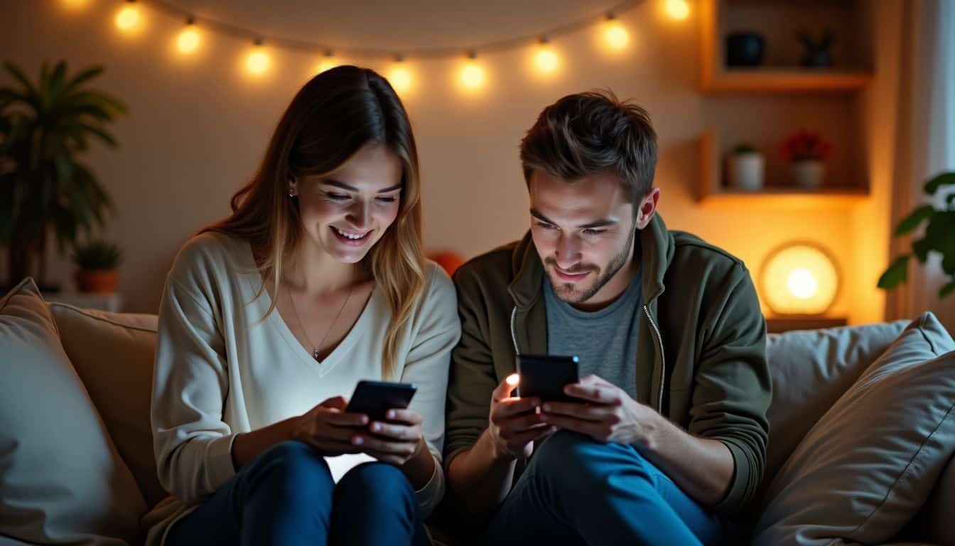 A couple in a cozy living room exchanging virtual love notes.