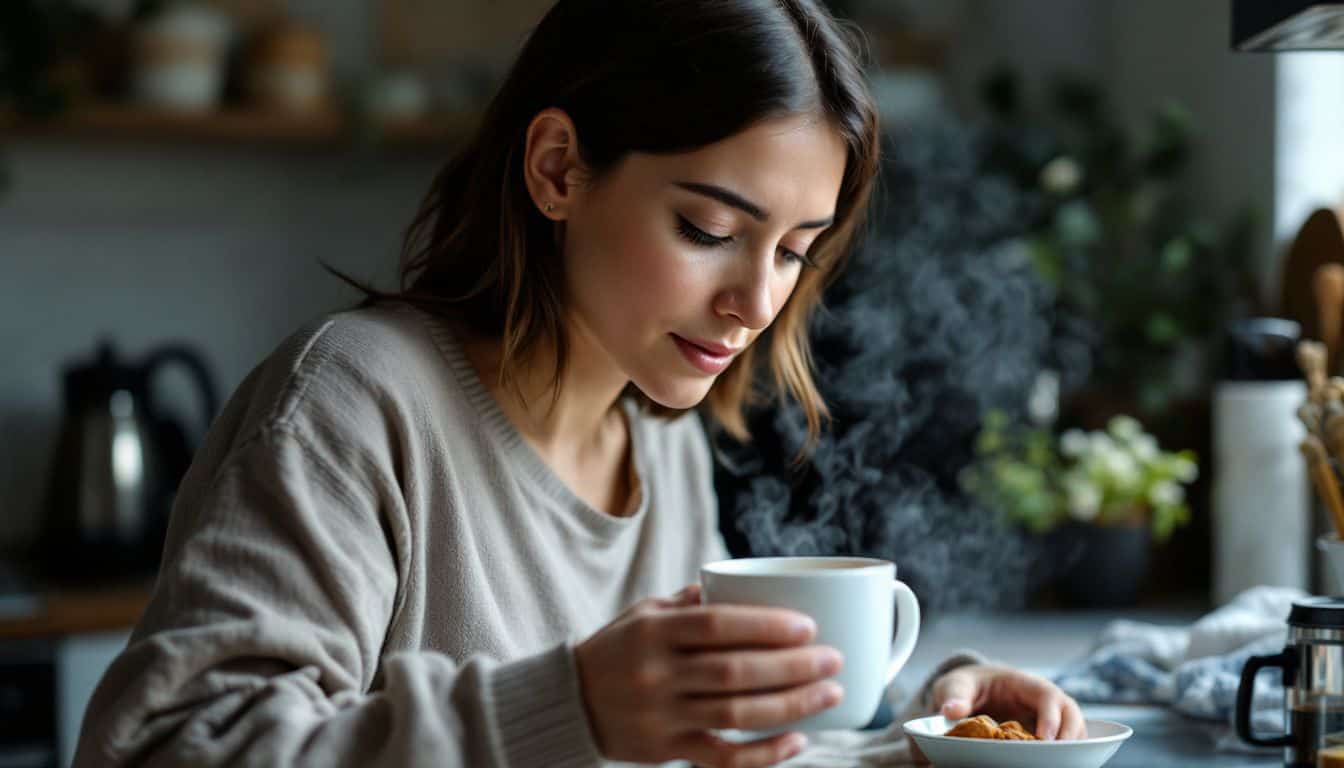 A woman prepares a cup of coffee in a cozy kitchen.