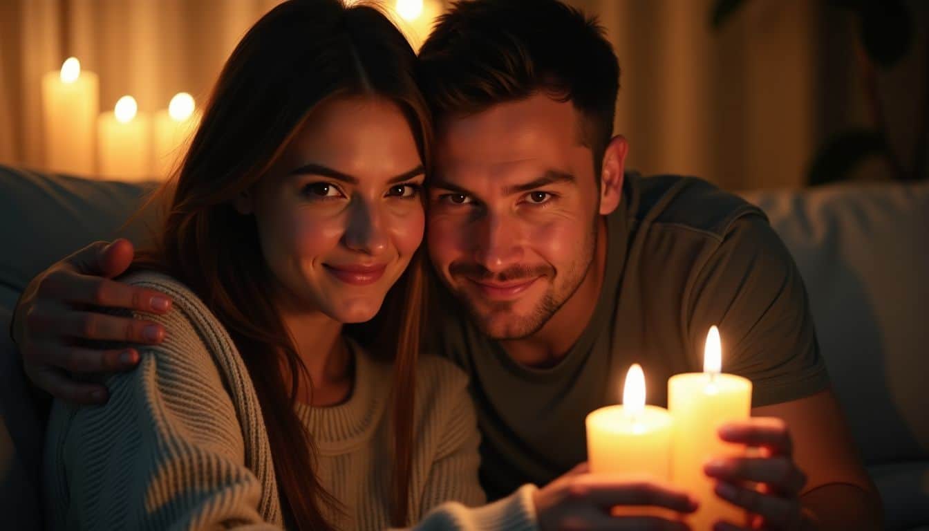 A couple in their 40s embracing in a cozy living room.