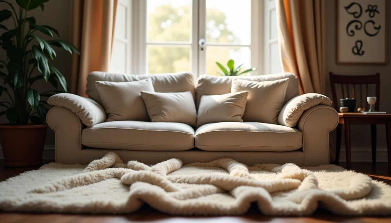 A cozy living room with a plush sofa and soft throw pillows.