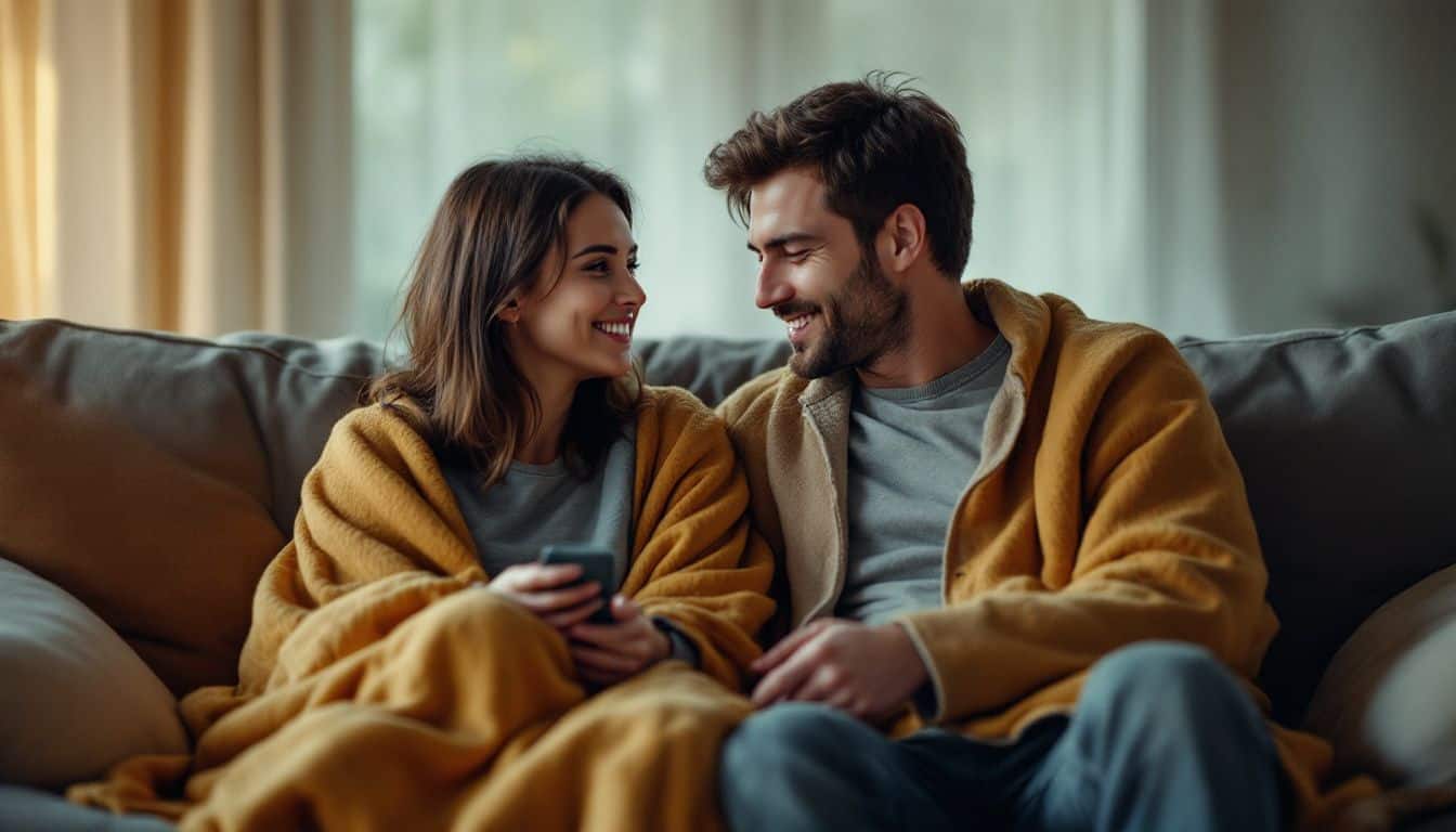 A couple in their 30s having a deep conversation on a couch.