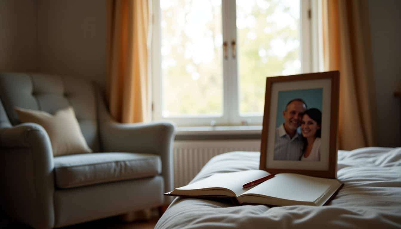 A cozy bedroom scene with an armchair, journal, pen, and framed photo.