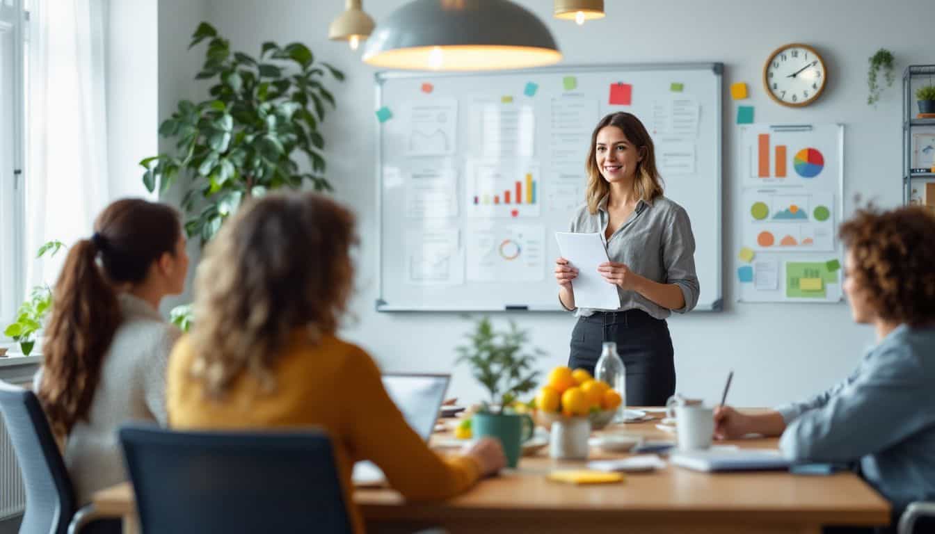 A woman leading a team meeting in a bright conference room.