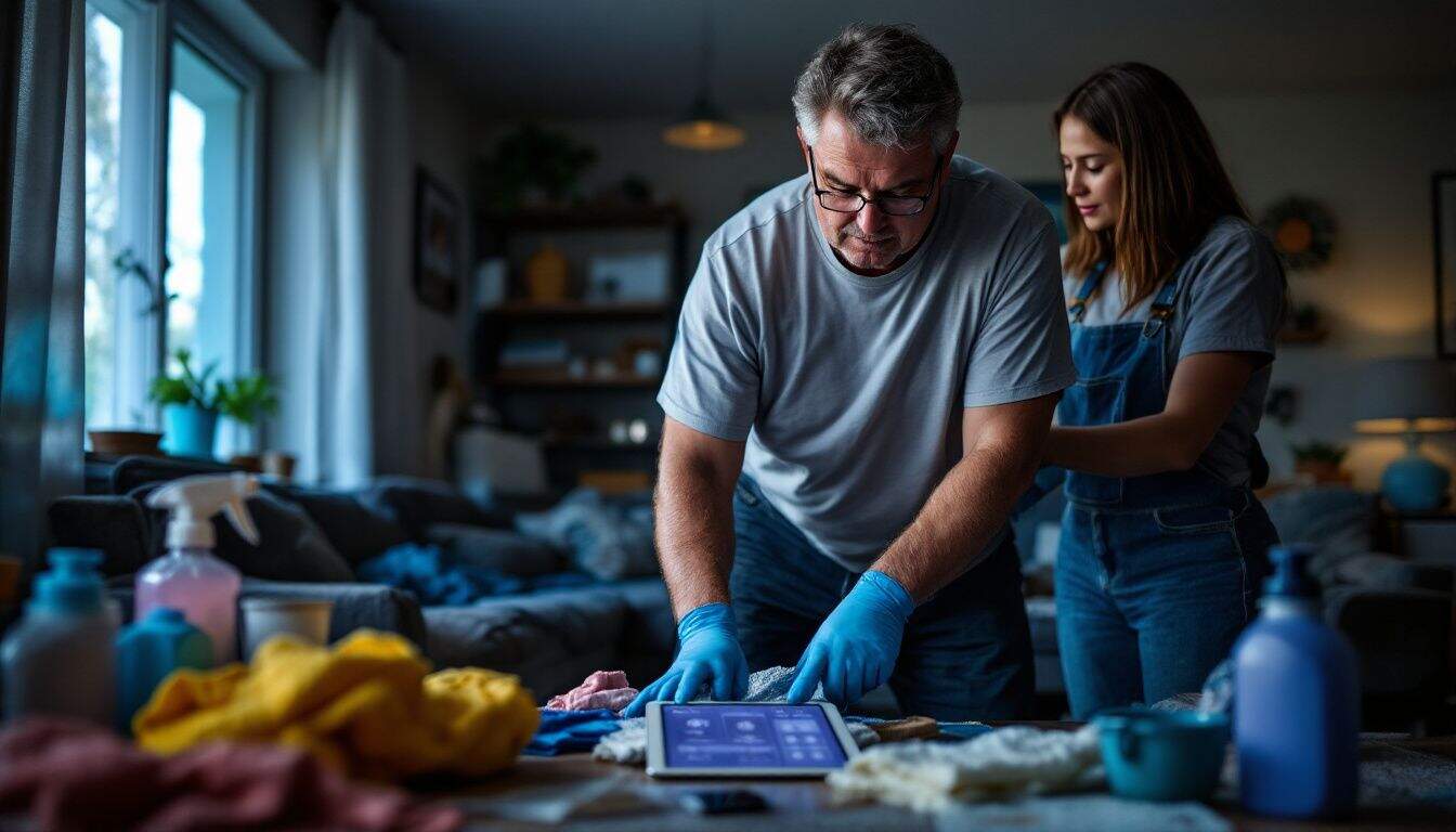 Two cleaning service workers tidying a cluttered living room.