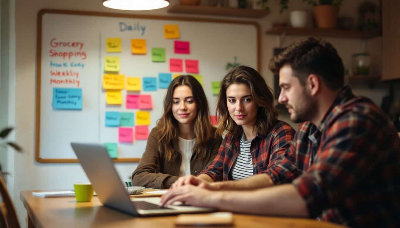 A couple in their 30s sitting at a kitchen table with a laptop and organizing household tasks on a whiteboard.