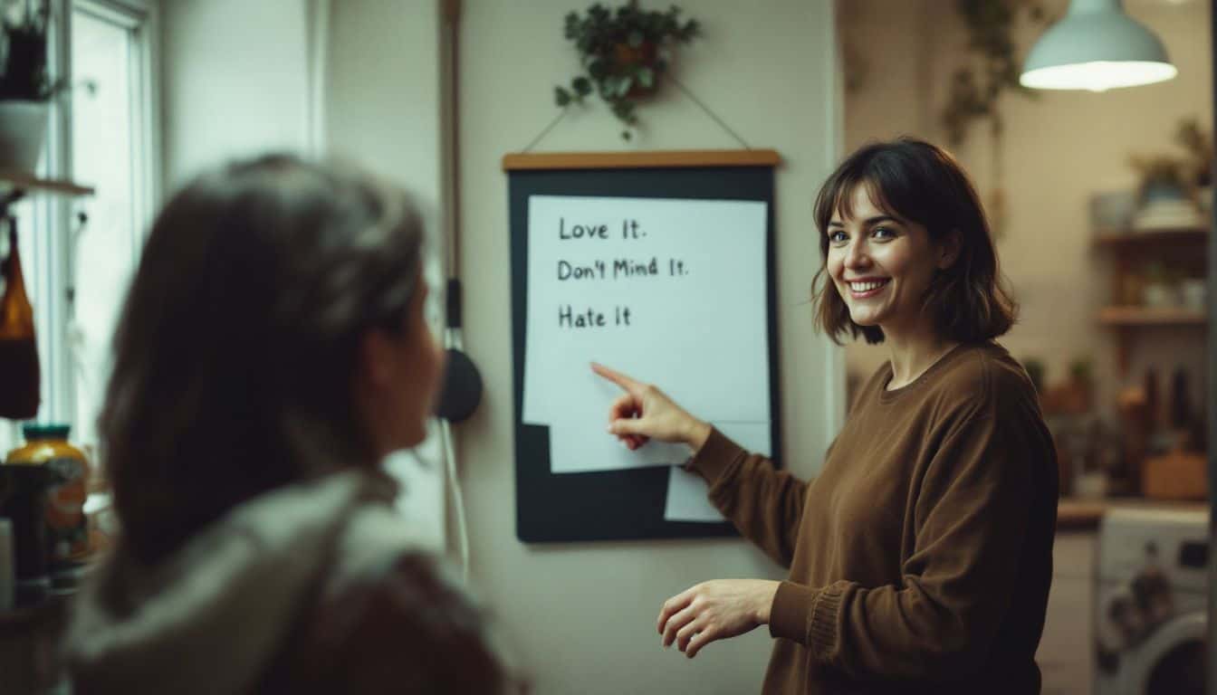 A woman discusses household tasks with her partner in a cozy kitchen.