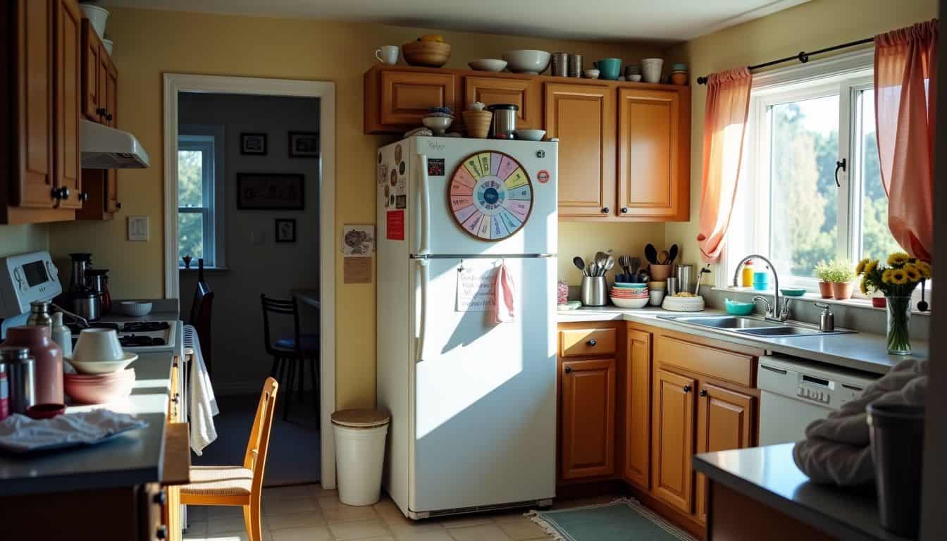 A chore wheel on the fridge in a cluttered kitchen.