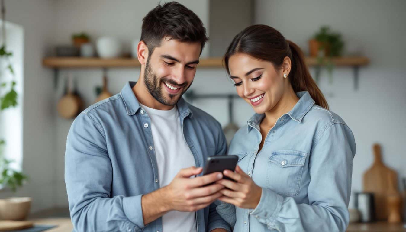 A couple in their 30s using a smart home app in the kitchen.