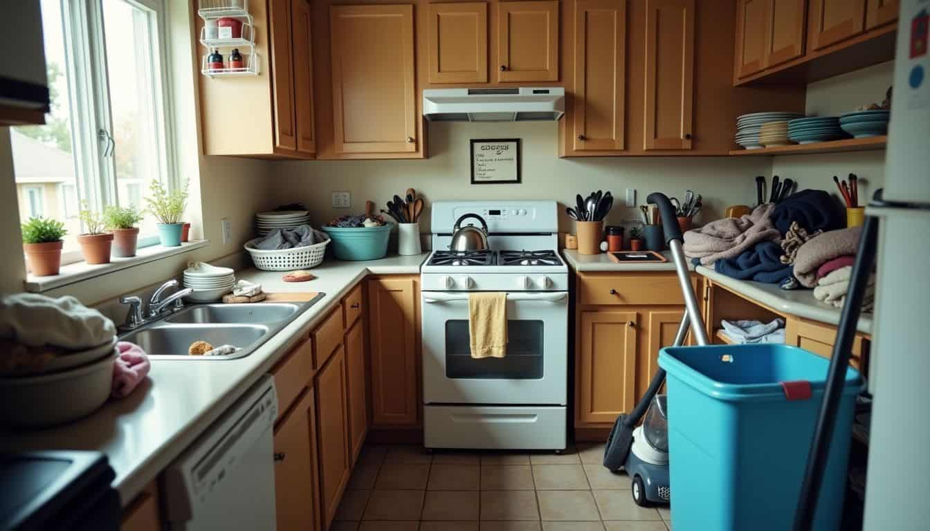 A cluttered and dirty kitchen with overflowing dishes and trash.