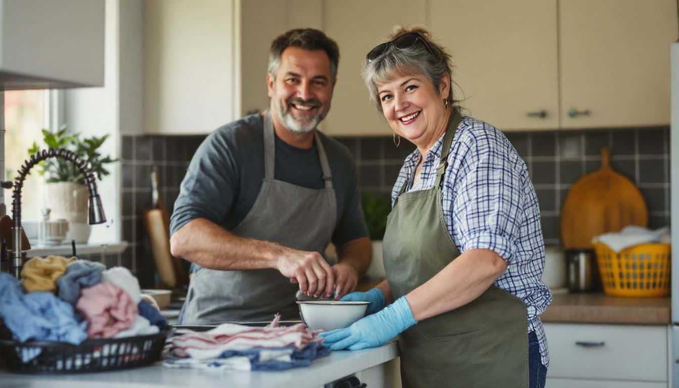 A middle-aged couple works together in a cozy kitchen.