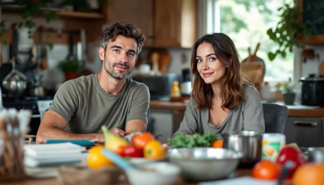 A couple in their 30s discusses managing household chores in the kitchen.