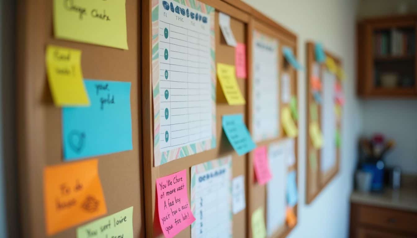 A cluttered kitchen bulletin board filled with chore charts and to-do lists.