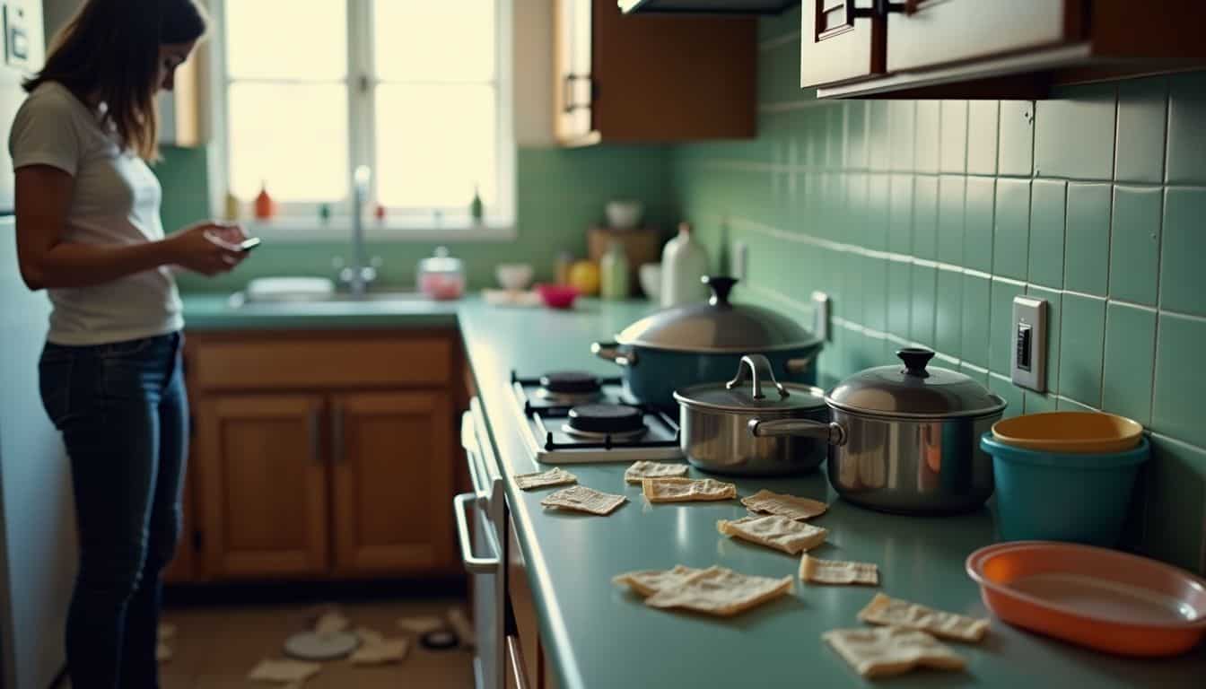 A messy kitchen with dirty dishes, pots, and scattered food wrappers.