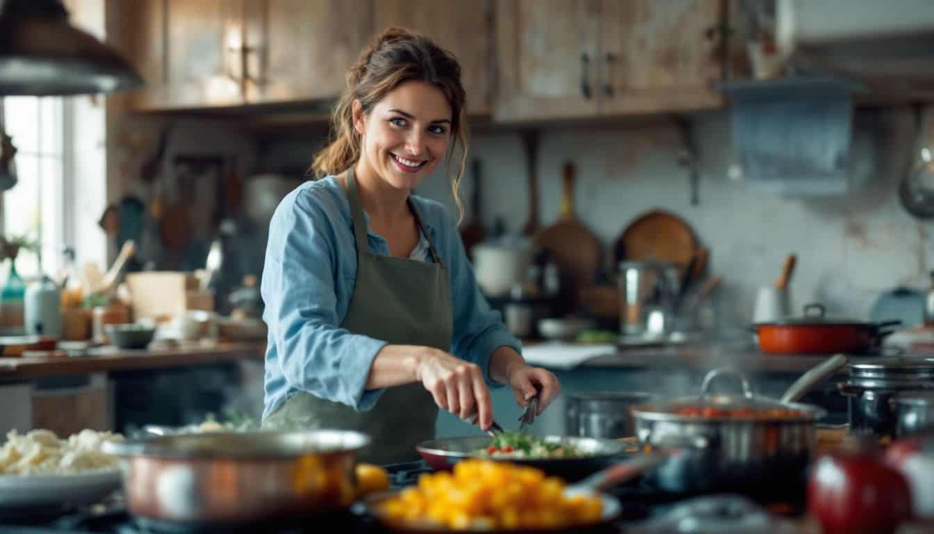 A woman in her 40s cooking in a cluttered kitchen.