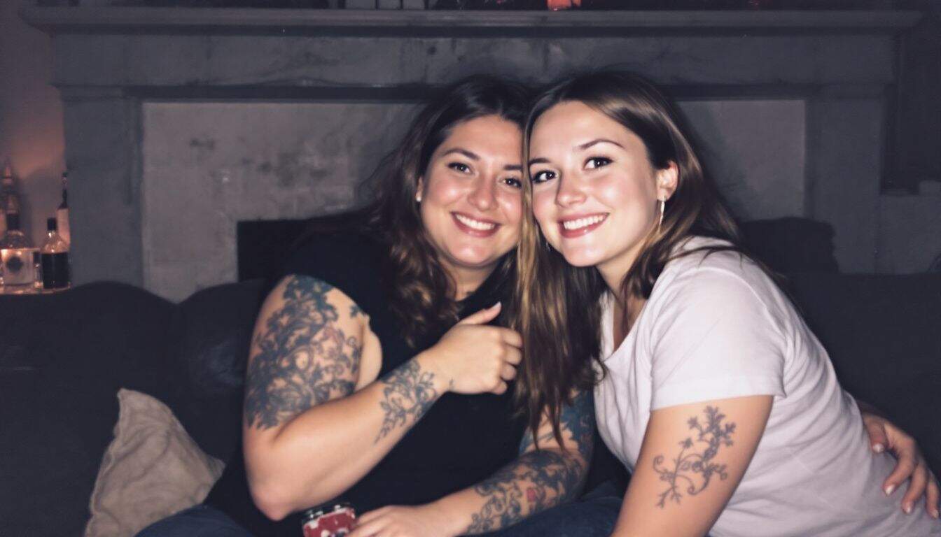 A mother and daughter sit together with matching tattoos, showing their bond.