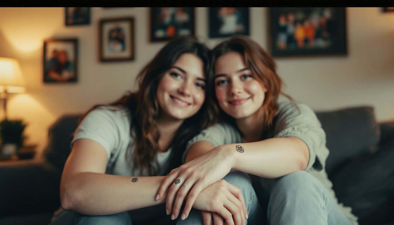 A mother and daughter with matching Celtic knot tattoos enjoy a cozy moment together in their living room.