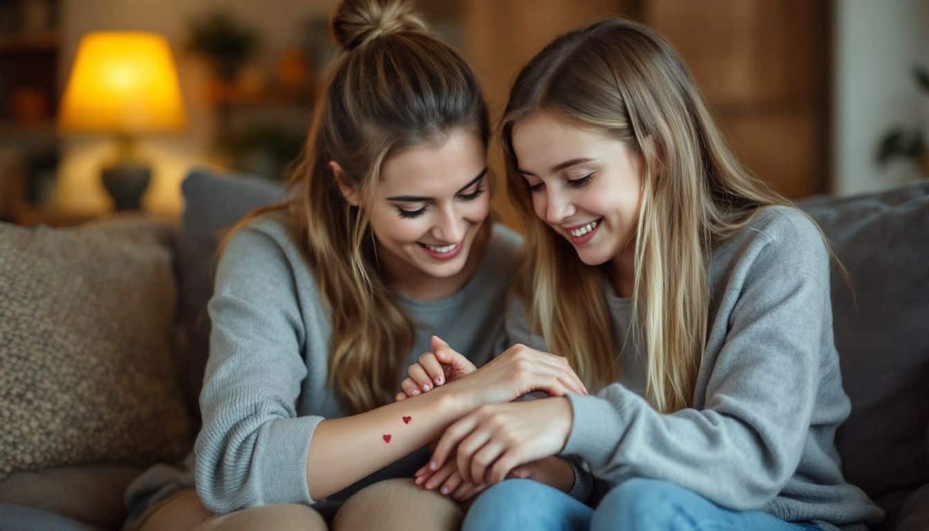 A mother and daughter admire their matching heart tattoos in cozy living room.