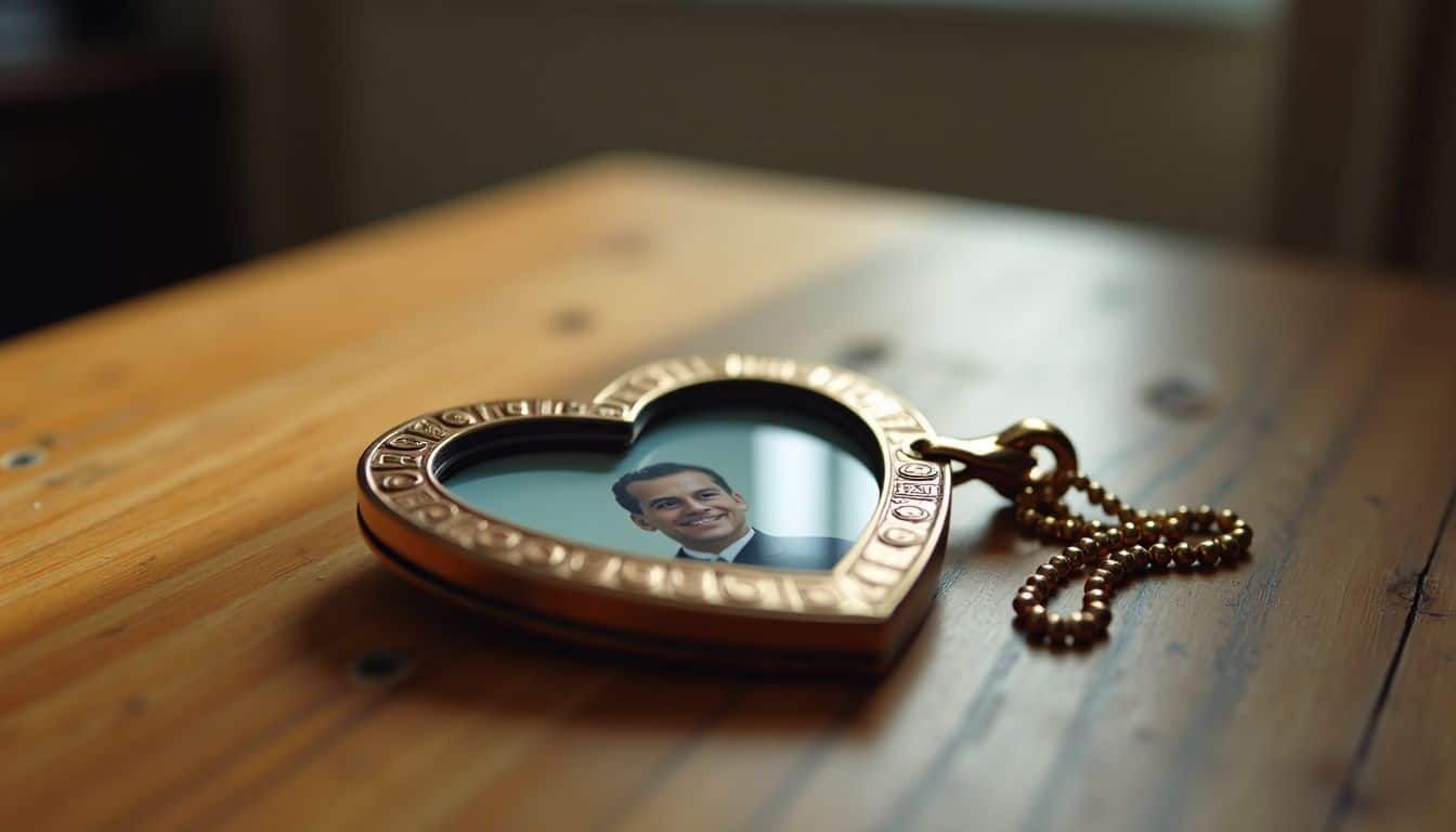 A heart-shaped locket with engraved details and a small photo inside.