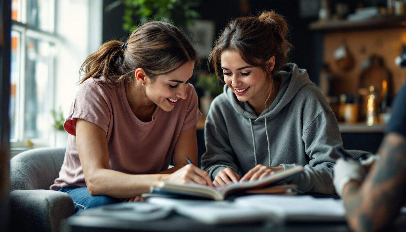 A mother and daughter planning matching tattoos in a cozy studio.