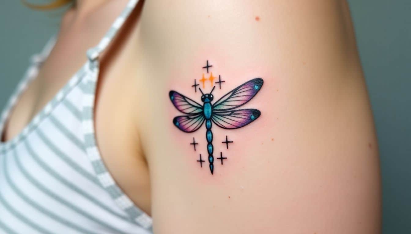 A small dragonfly tattoo with birthstone and star sign symbols, symbolizing growth and change.