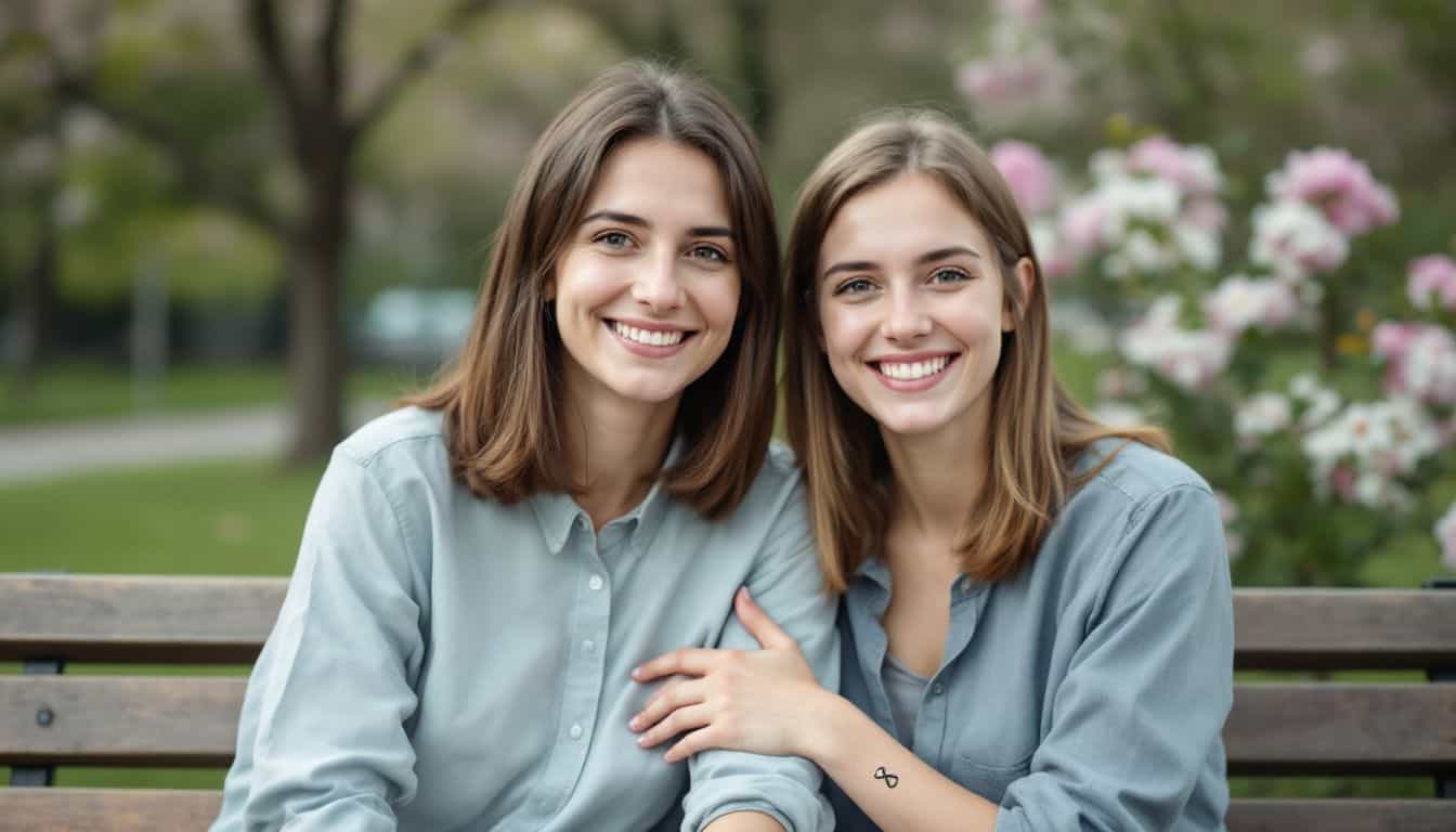 Two women with infinity tattoos sitting on a park bench.