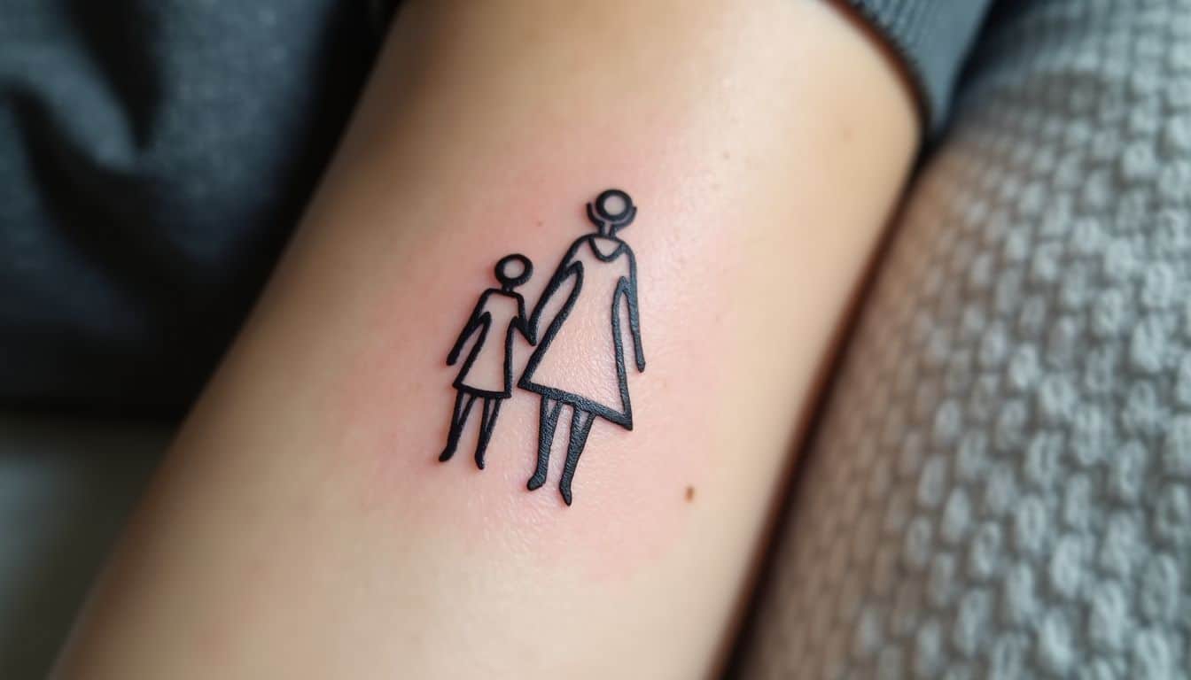 Close-up of a delicate tattoo featuring a mother and daughter motif.