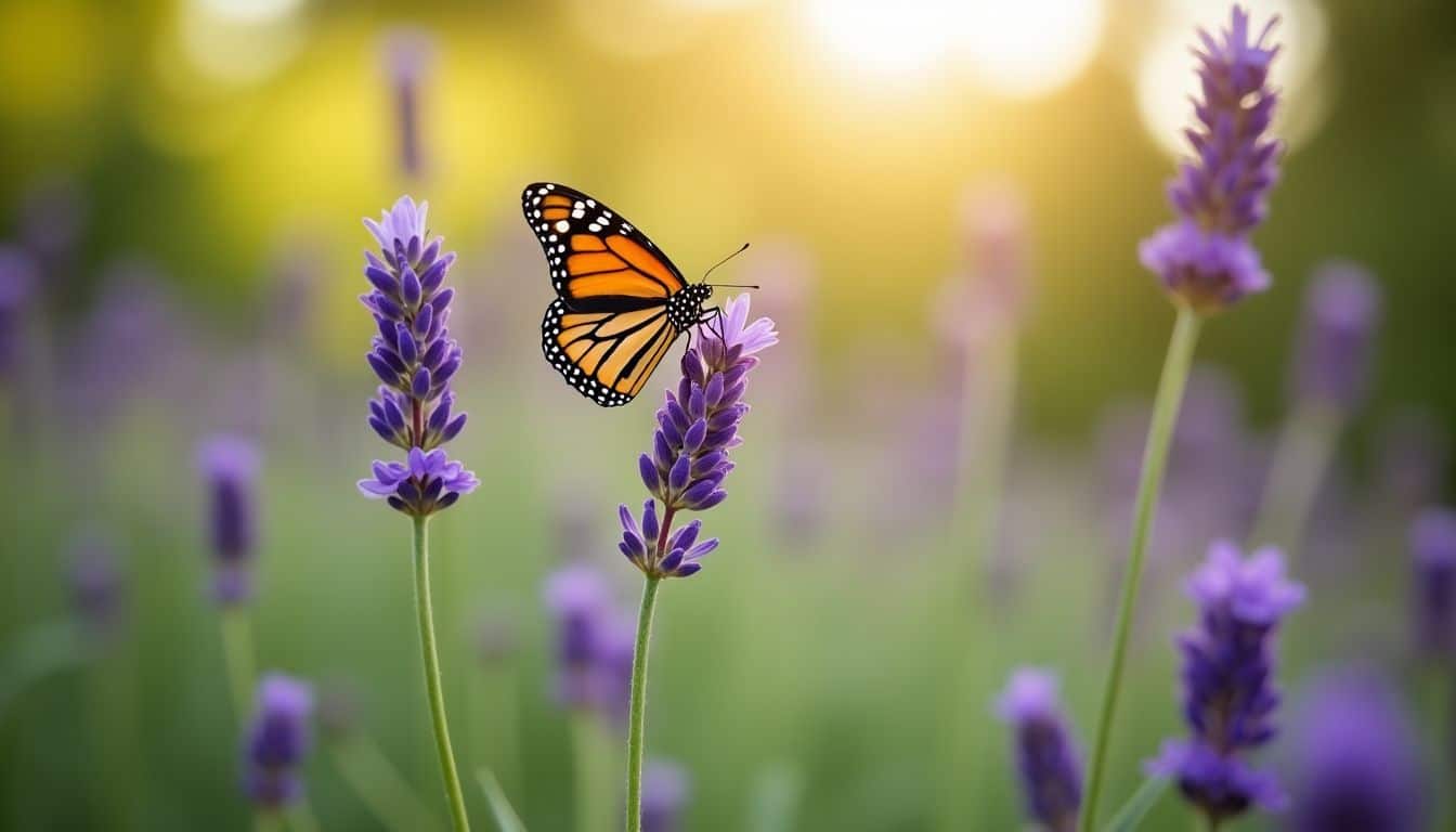 A monarch butterfly perched on lavender sprigs in a garden.