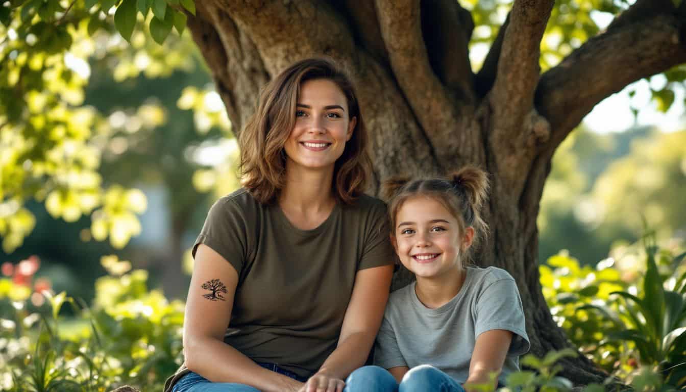 A mother and daughter sit under a Tree of Life tattoo.