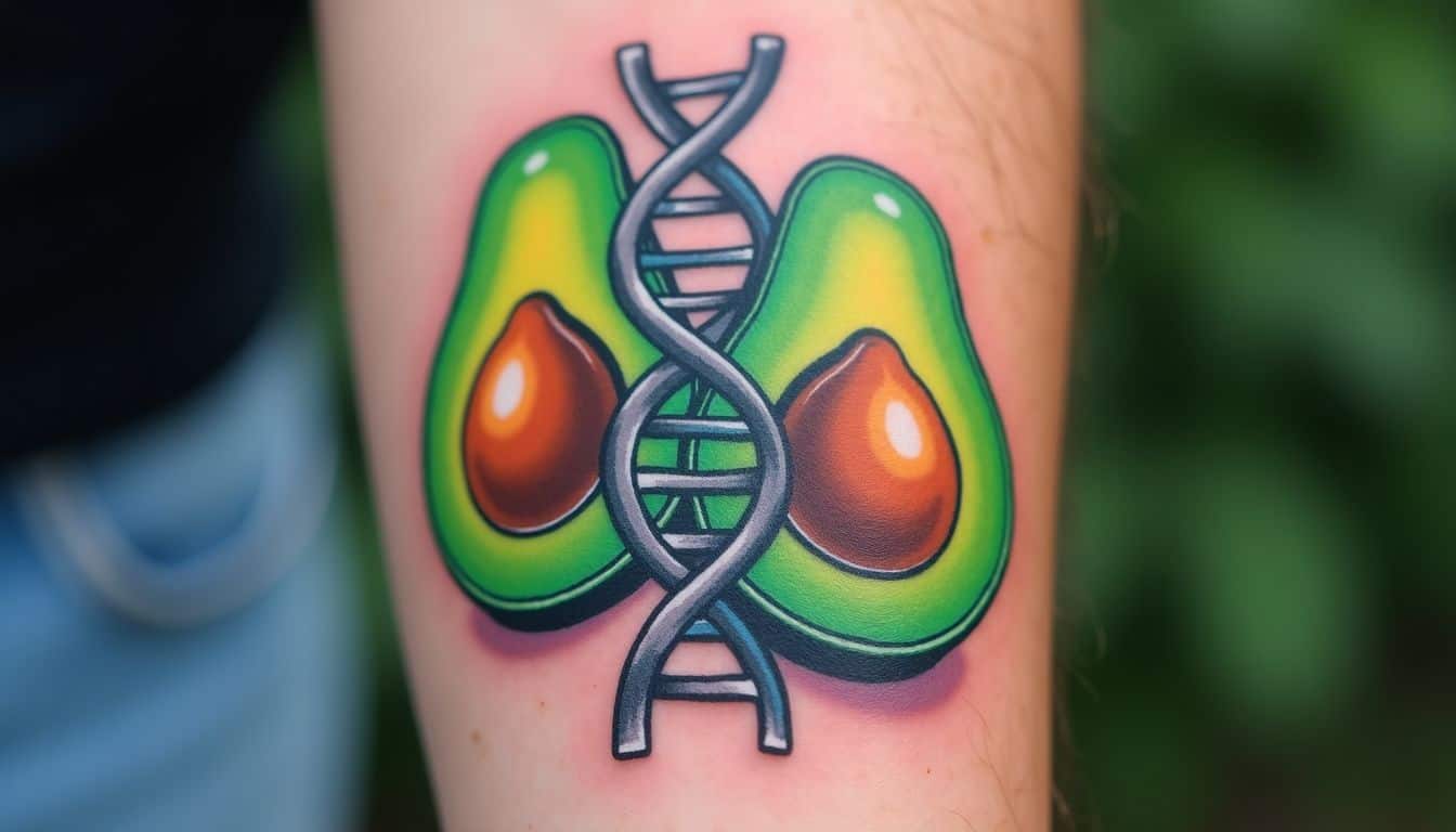 A close-up photo of a vibrant avocado and DNA tattoo design.