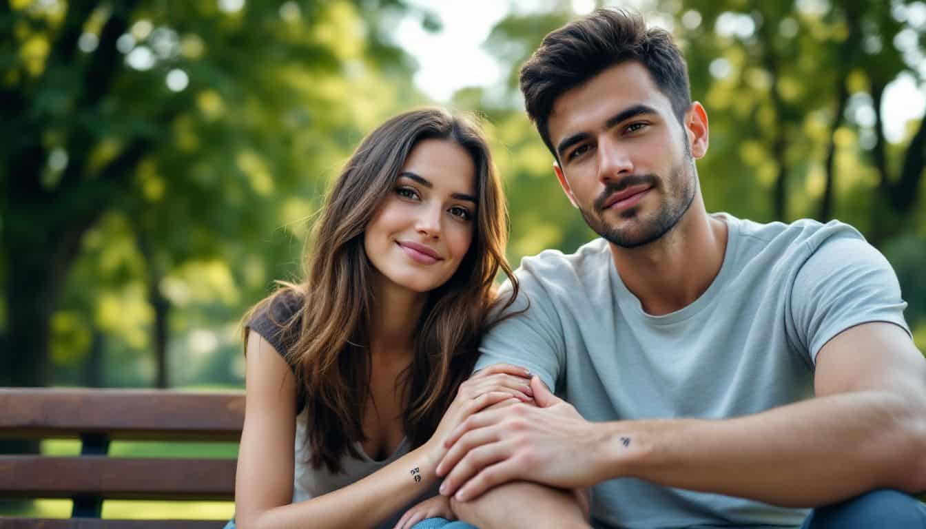 A couple in their 30s with matching angel number tattoos in a park.