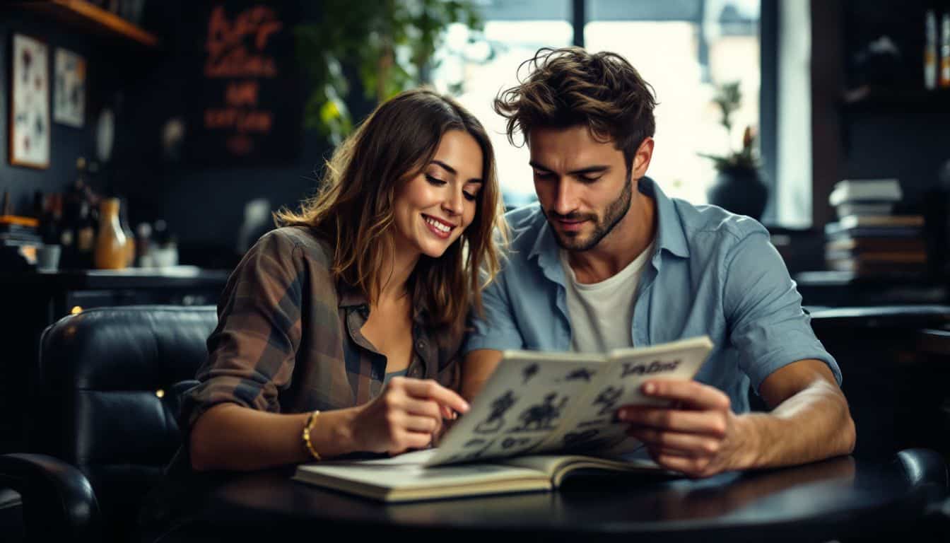 A woman and a man discussing tattoo designs in a cozy parlor.