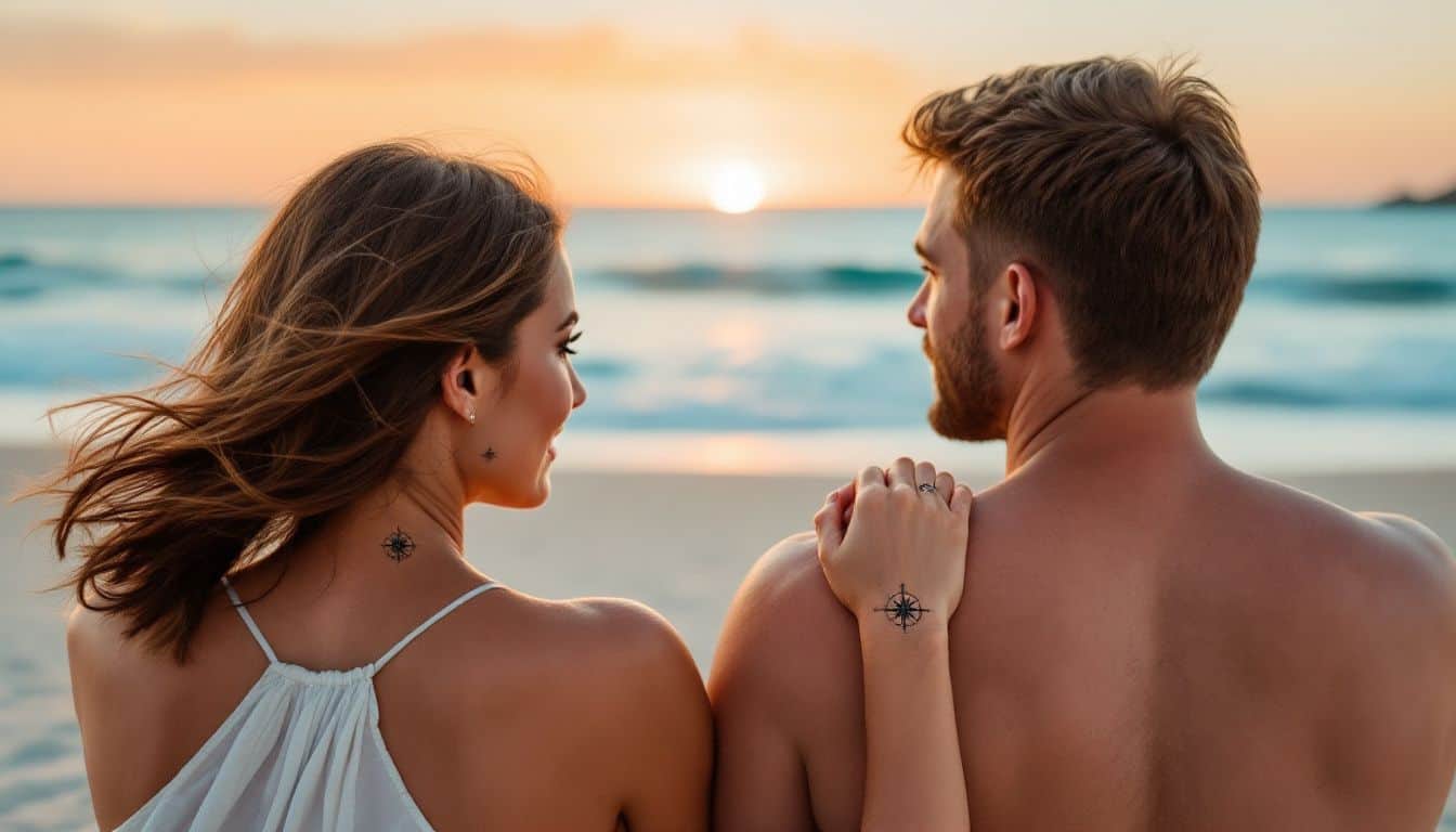 A couple with matching compass tattoos sits on a beach at sunset.