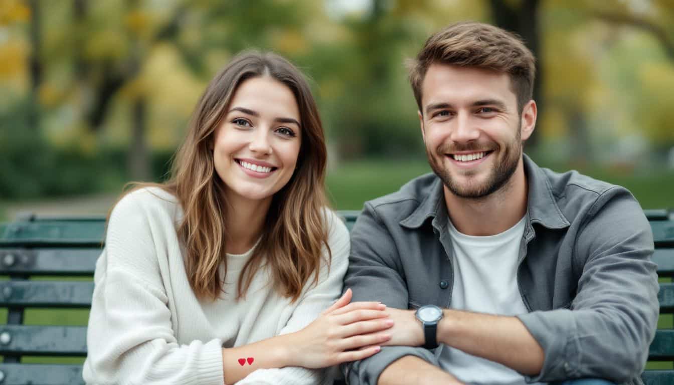 A young couple with matching heart tattoos sitting on a park bench.