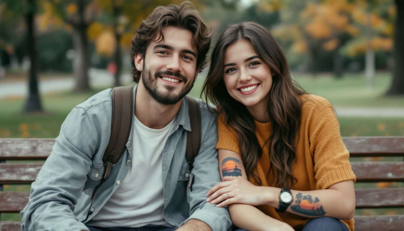 A young couple with matching sunset tattoos sitting on a park bench.