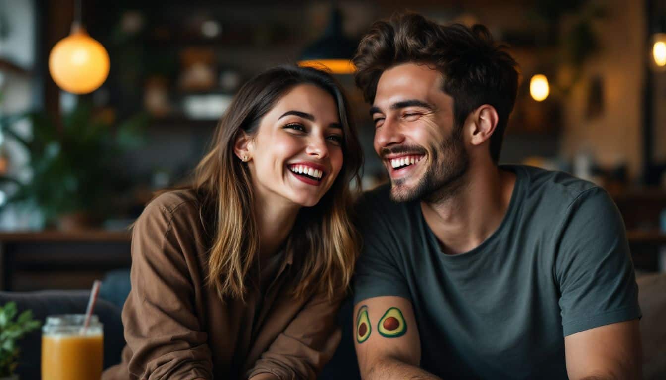 A young couple with avocado tattoos laughing in a cozy cafe.