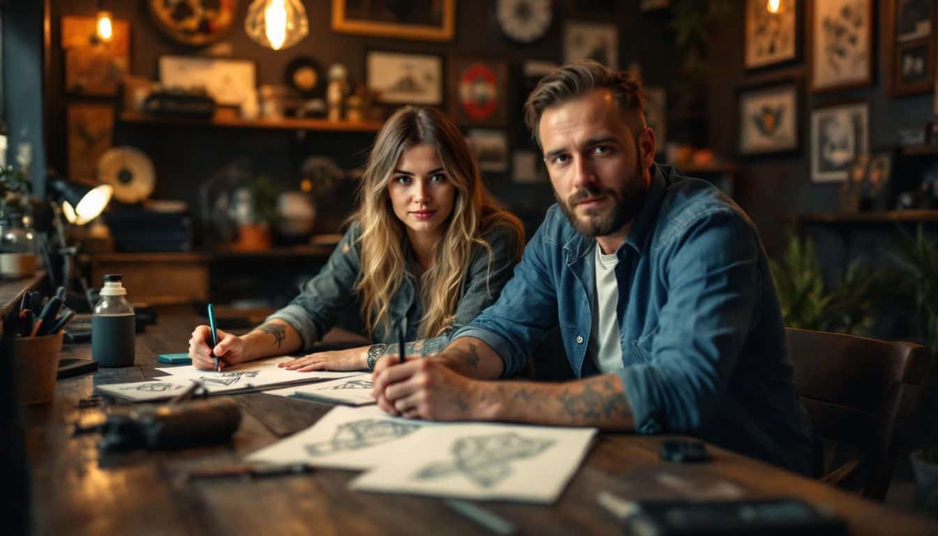 A couple chooses matching tattoos in a cozy shop.