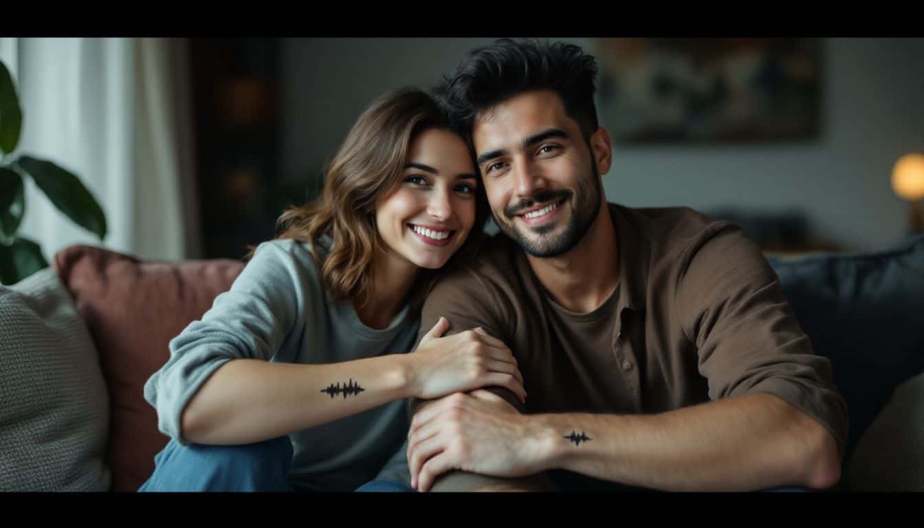 A couple with matching sound wave tattoos sit in a cozy living room.