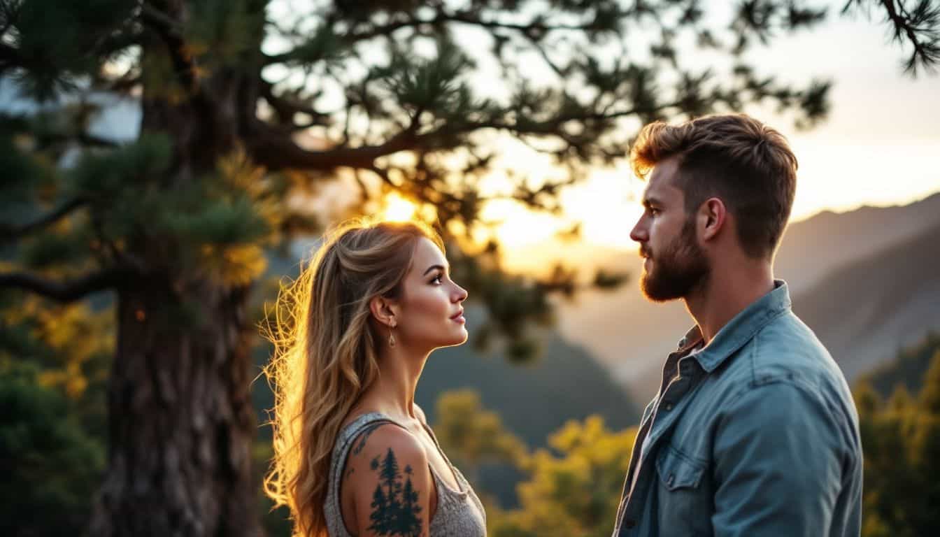 A couple with nature-themed tattoos enjoying the sunset in the mountains.