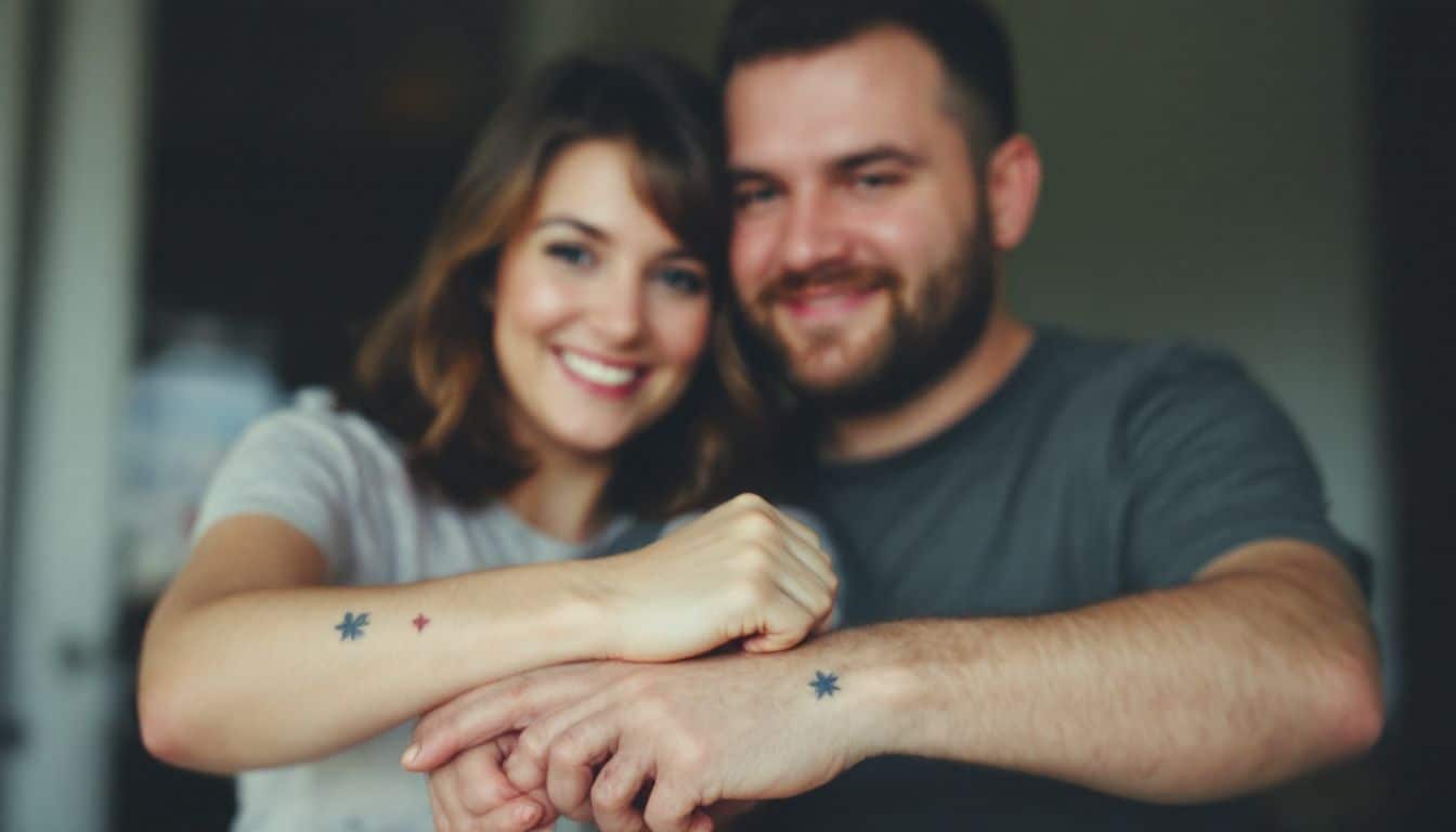 A happy couple with matching wrist tattoos displaying their close bond.