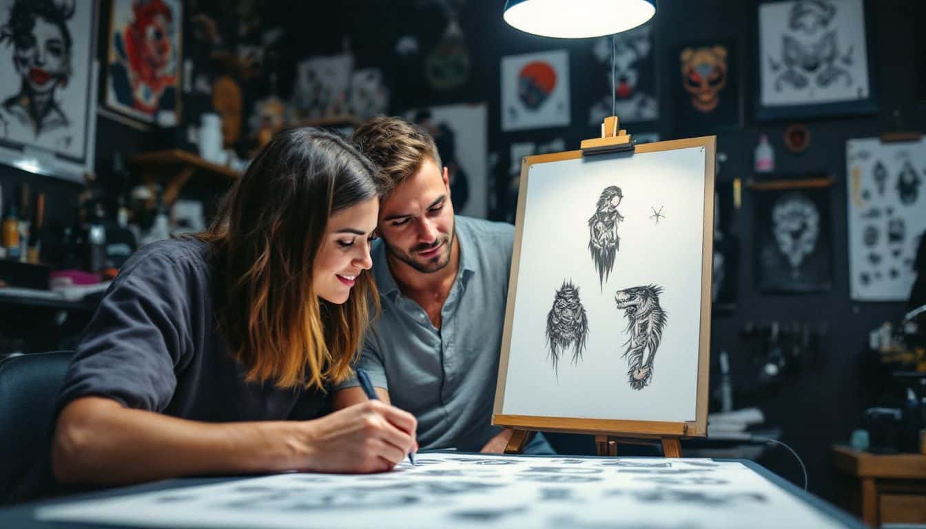 A young couple in a tattoo studio looking at designs.