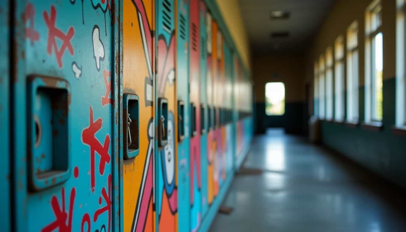 An abandoned high school locker covered in colorful graffiti symbolizes neglect and emptiness.