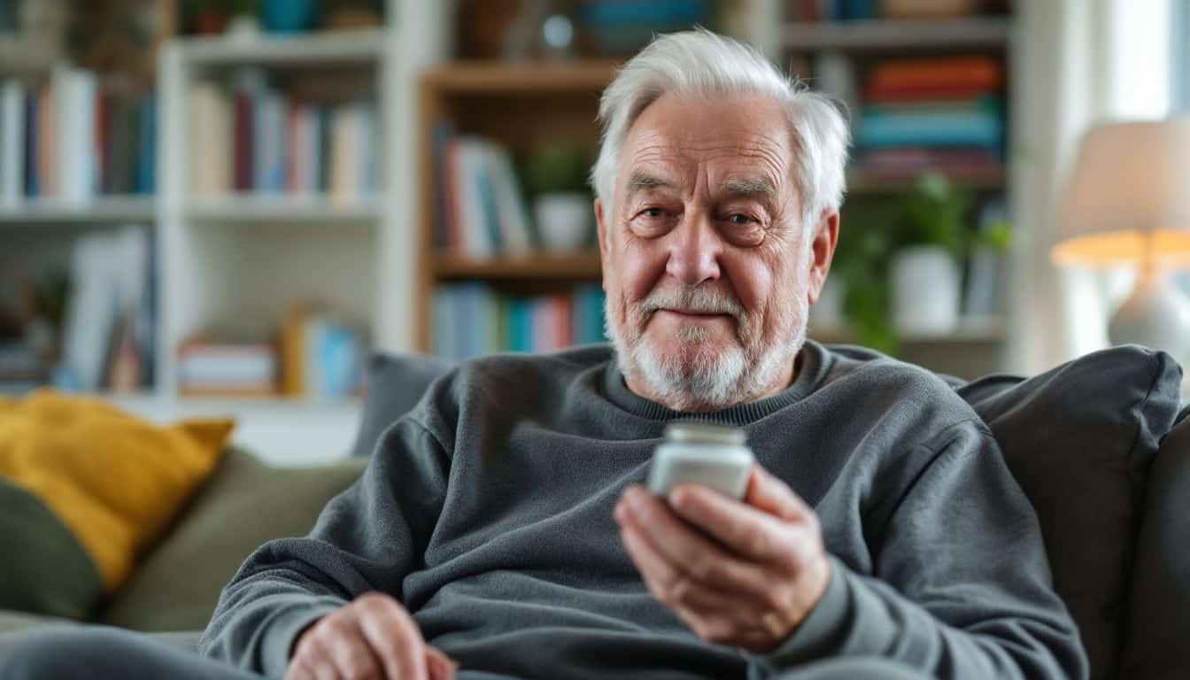 An elderly man holding a cannabis-infused product in a cozy living room.